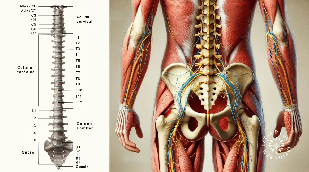 Ilustração da coluna vertebral e nervo ciático